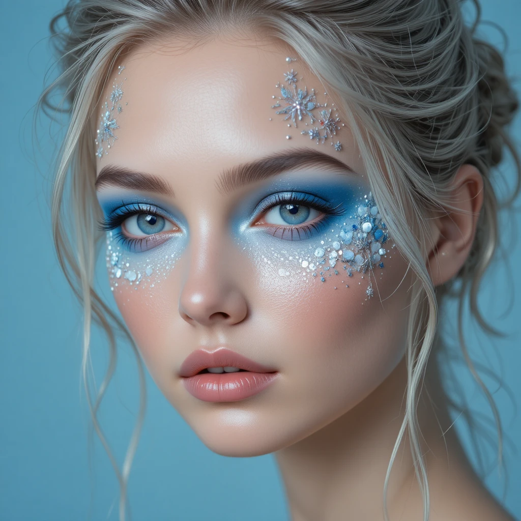 Träumerisches Nahporträt einer Frau mit eisblauem Make-up