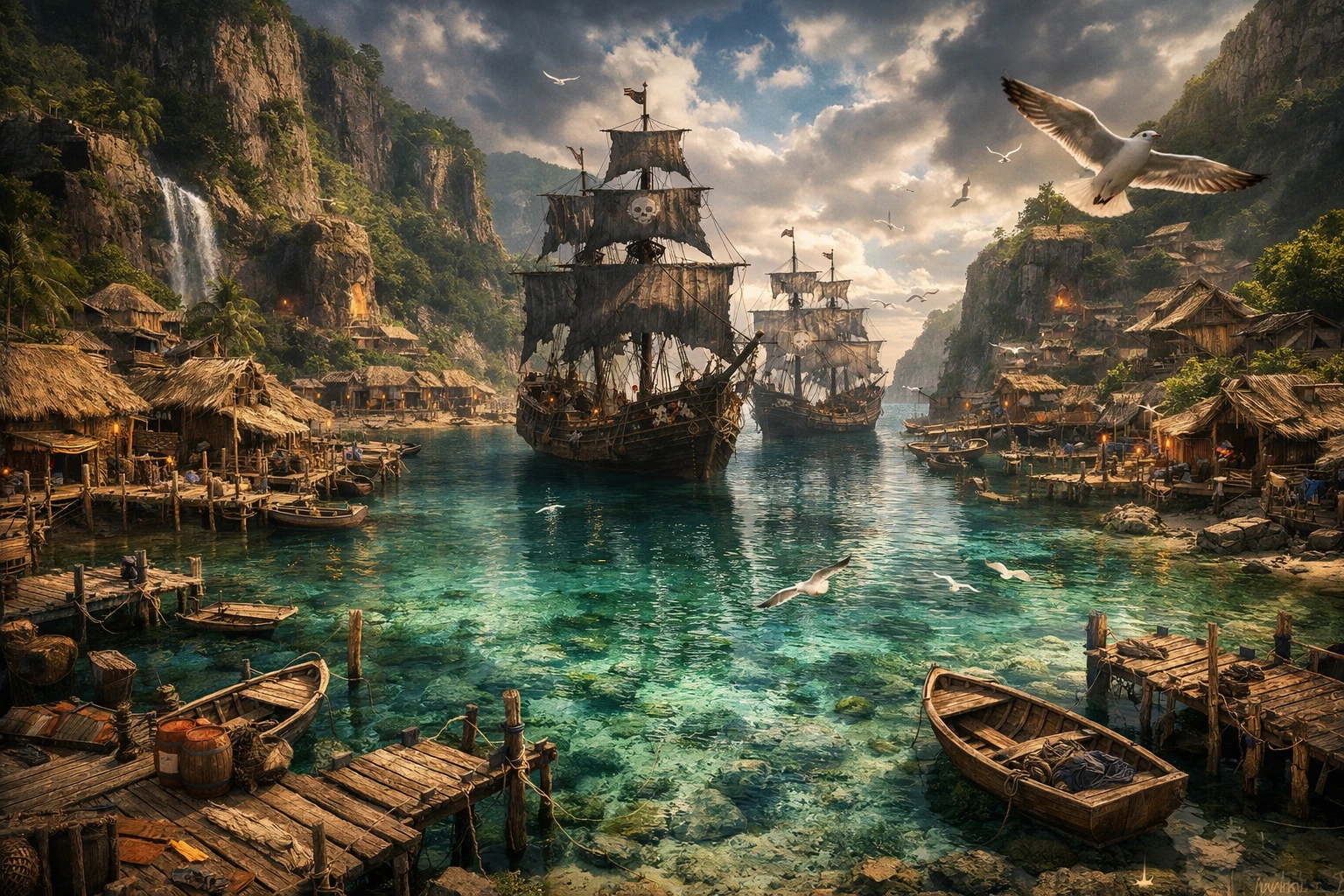 Dramatic fantasy illustration of a bustling pirate cove