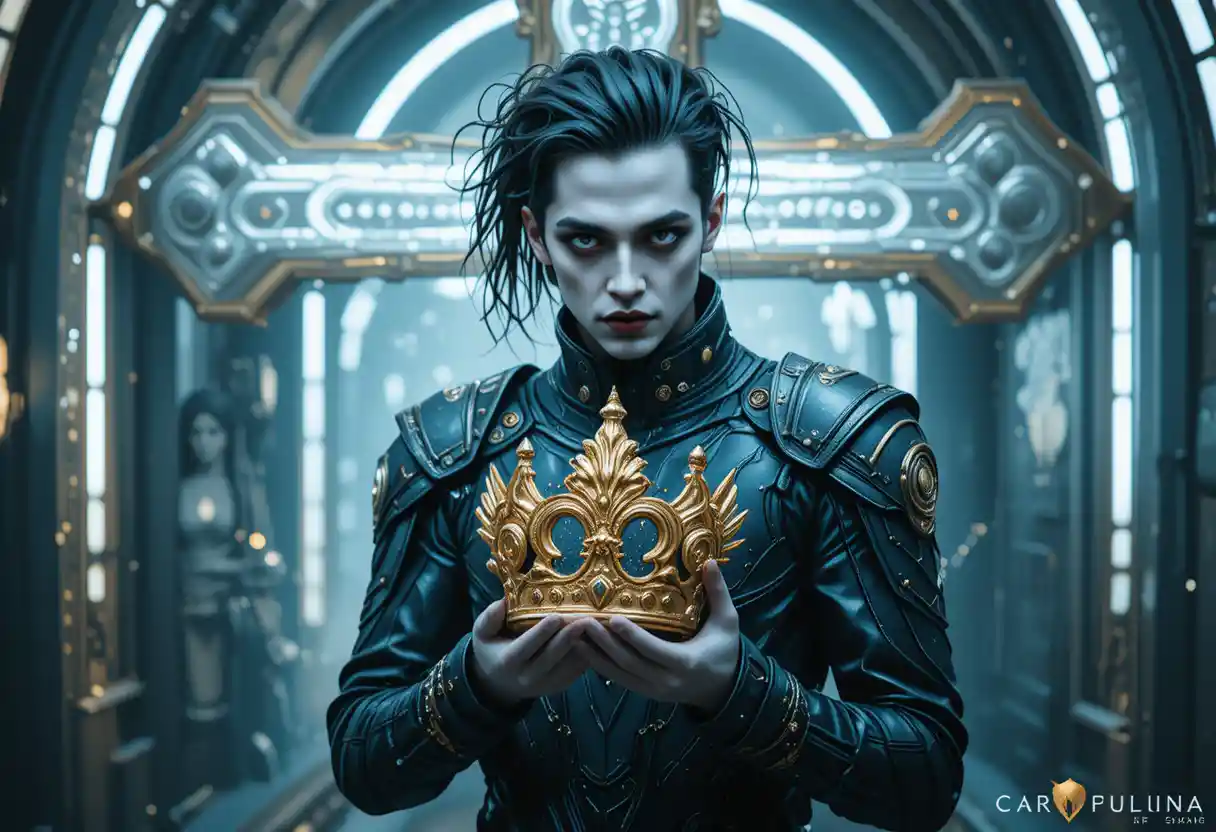 Gothic couple holding a golden crown in surreal light
