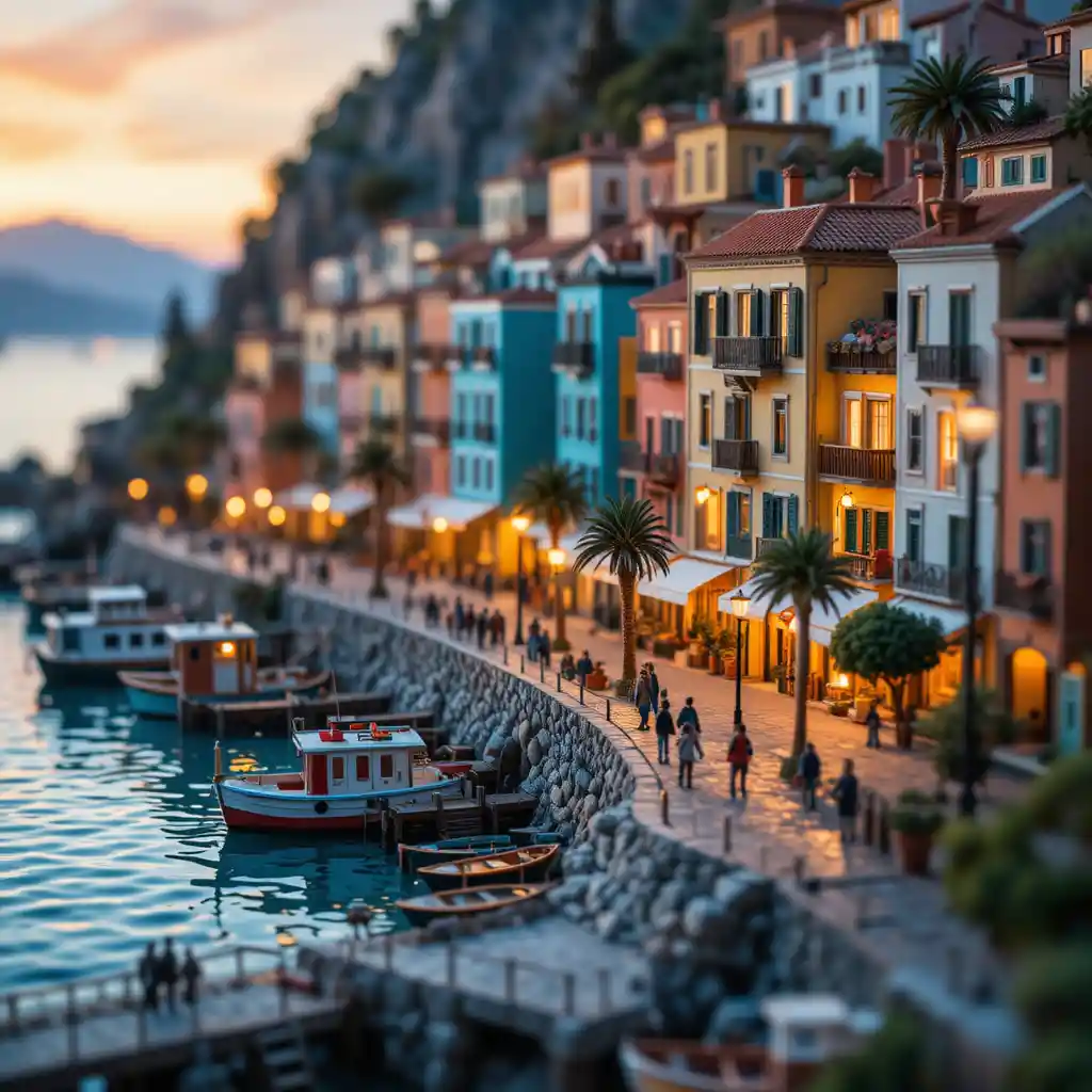 Miniature Mediterranean harbor village at golden hour