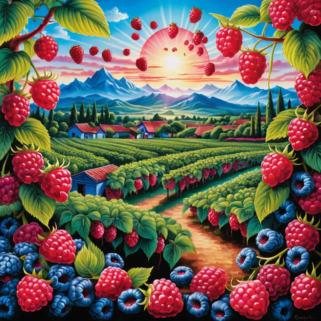 Surrealer Sonnenaufgang über Himbeerfeldern in einer Berglandschaft