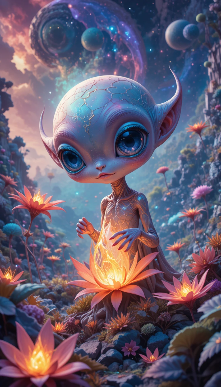 Alien brincalhão explorando flora brilhante em mundo distante
