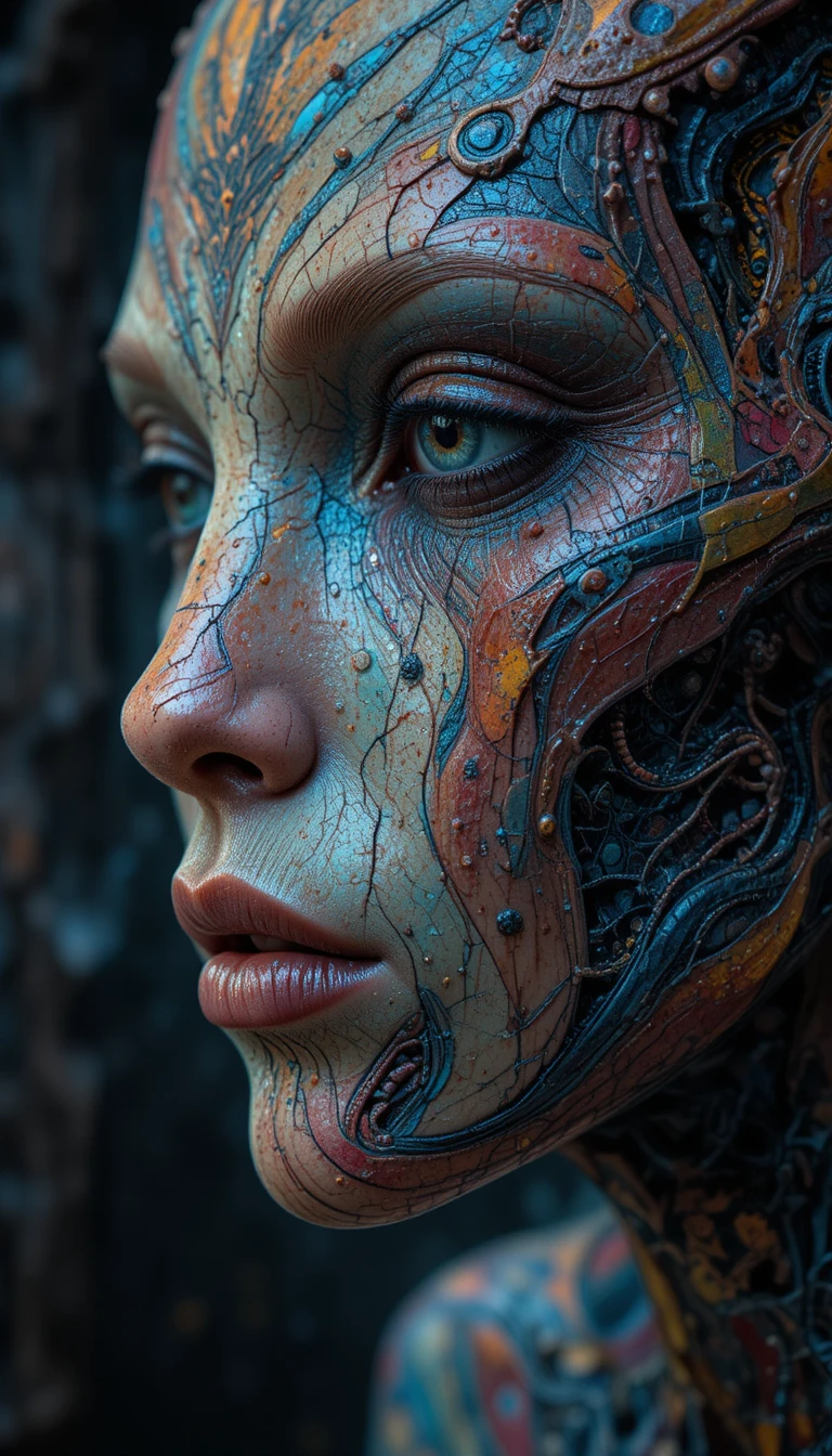 Vista macro de piel alienígena con tatuajes biomecánicos cambiantes