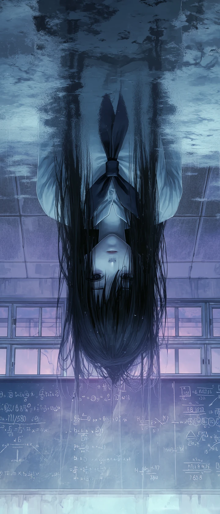 月光照耀空教室中的倒吊動漫幽靈少女