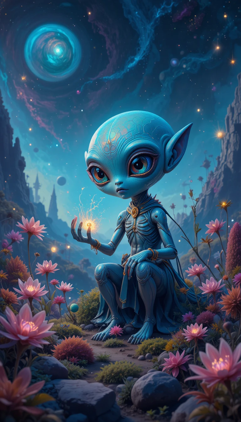 Alien curieux explorant une flore lumineuse sur un monde lointain