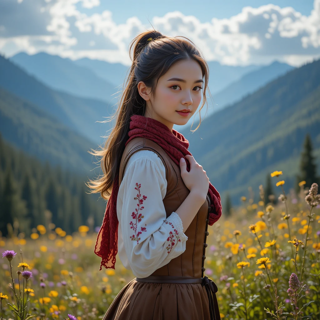 Young woman in a sunlit mountain meadow portrait