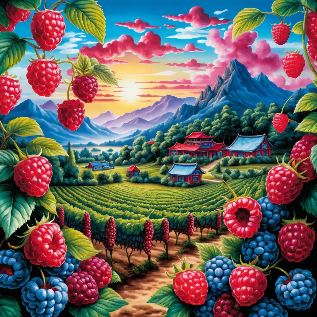 Surreale Himbeerfelder bei Sonnenaufgang in einer Berglandschaft