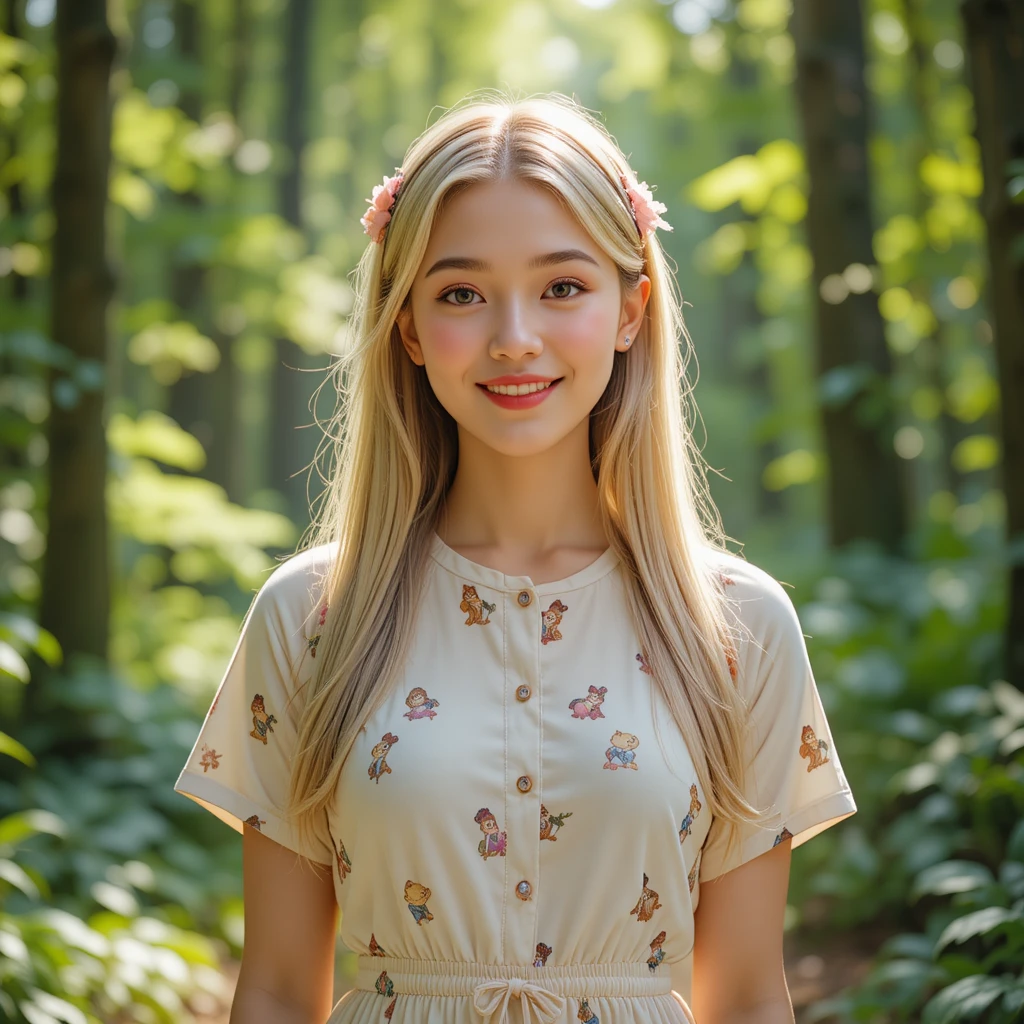 Jeune femme blonde souriante dans un décor forestier