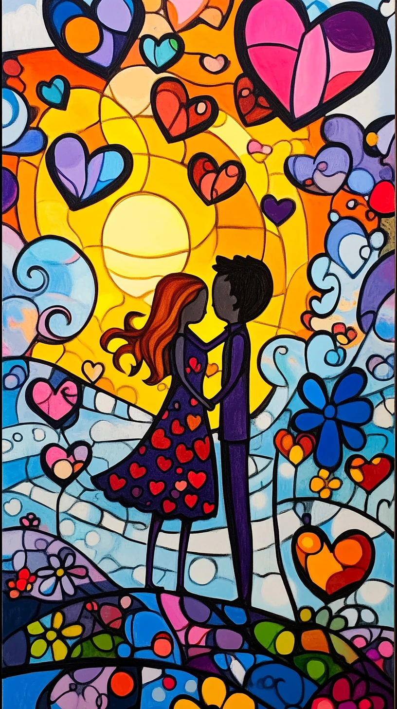Naive Graffiti-Liebesgeschichte als Collage am Meeresufer bei Sonnenuntergang