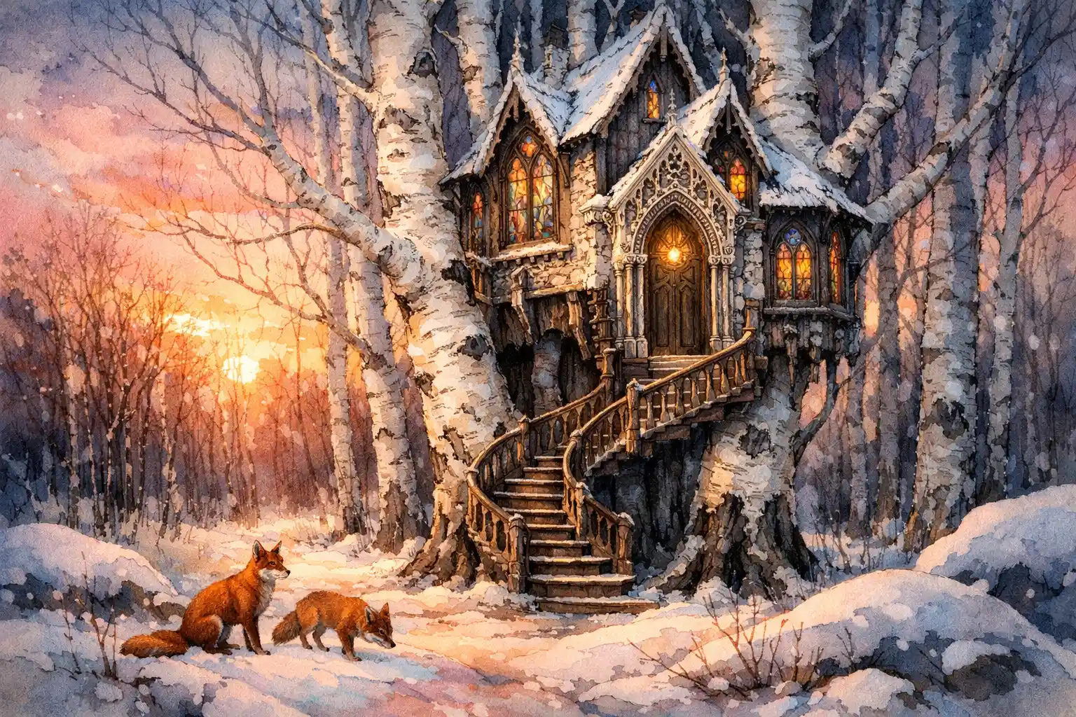 Gothic birch treehouse glowing above a snowy forest dawn
