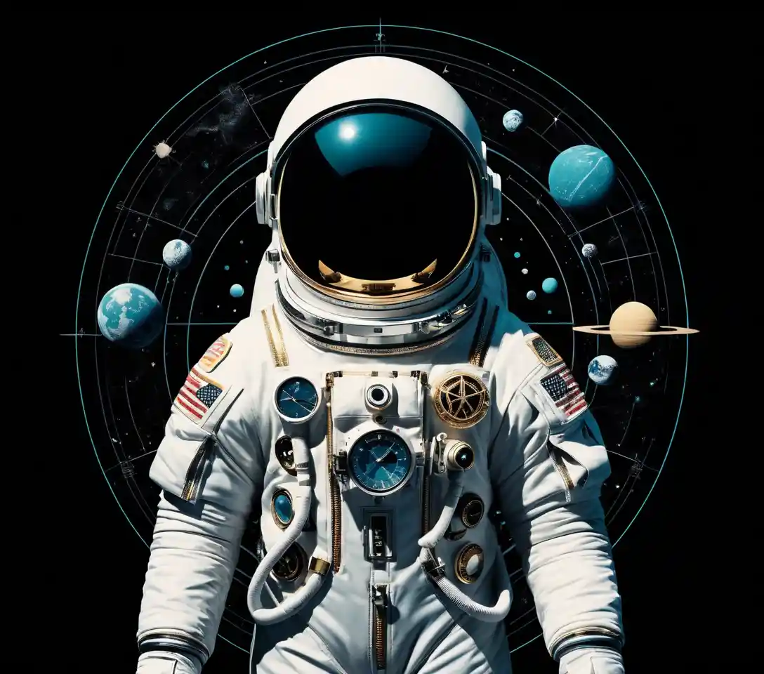 充滿神聖幾何與宇宙符號的太空人剪影