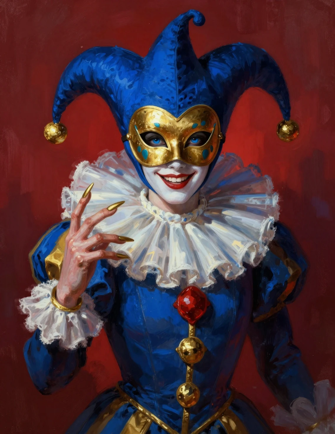 Misterioso ritratto di arlecchino con maschera e colletto dorati