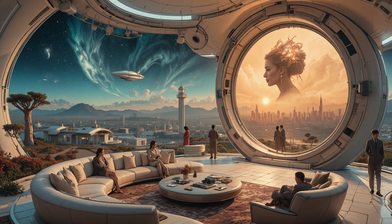 Abstract sci fi cityscape merging cosmic and dystopian elements