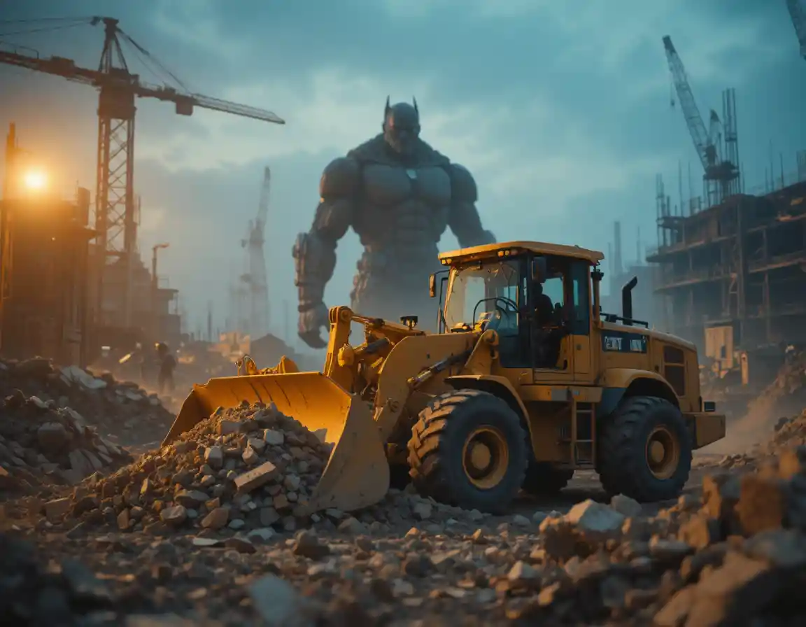Bulldozer hauling rubble on a dusk construction site