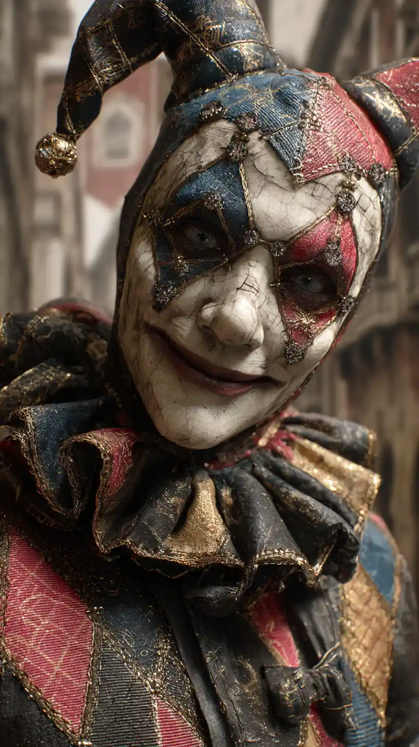 Creepy porcelain clown mask portrait in foggy street