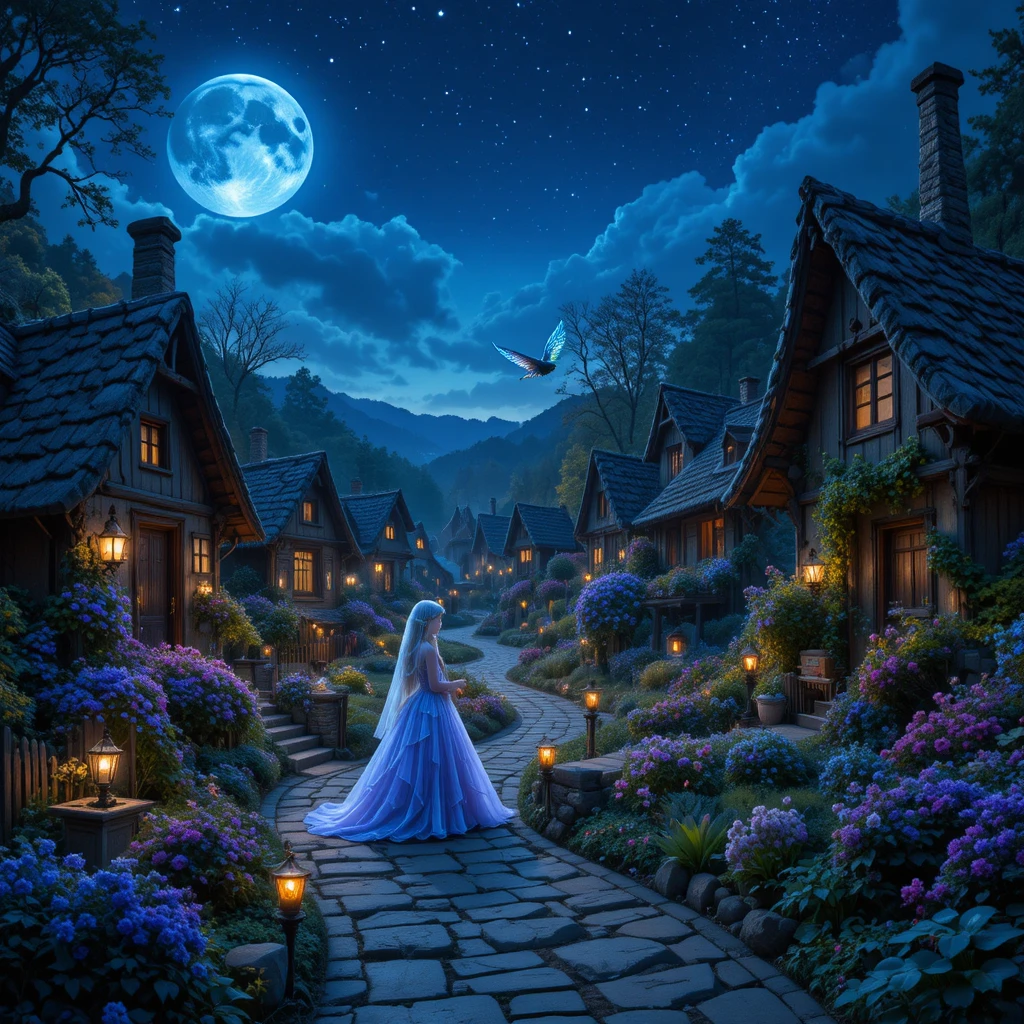 Fairy village at night with glowing lanterns and stars