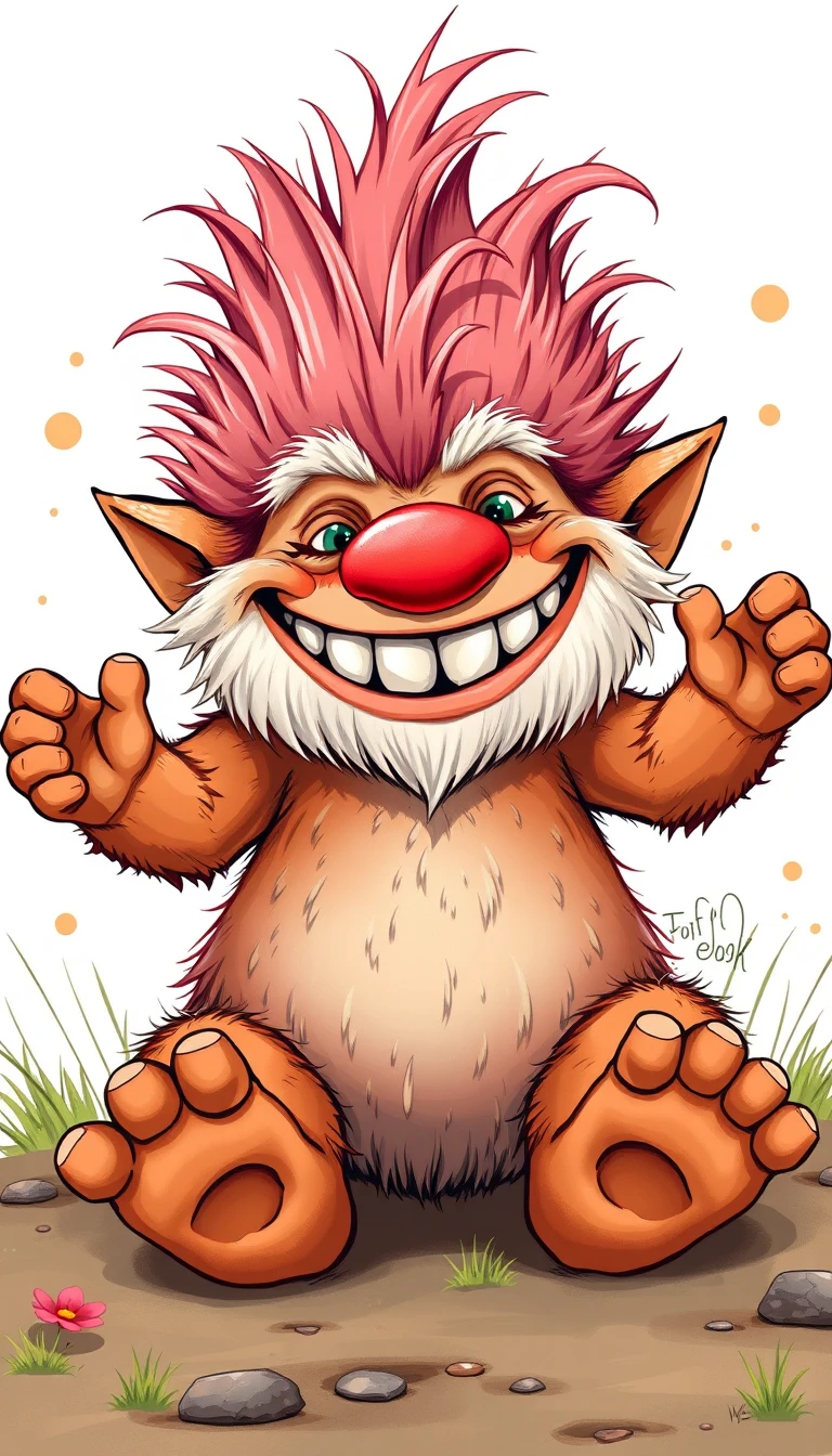 Joyful cartoon forest troll with fluffy white hair