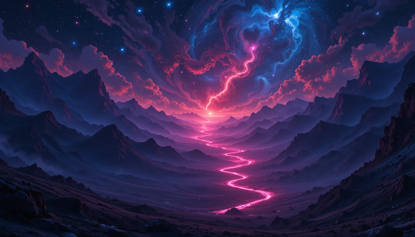 Neon river flowing through a dark cosmic valley