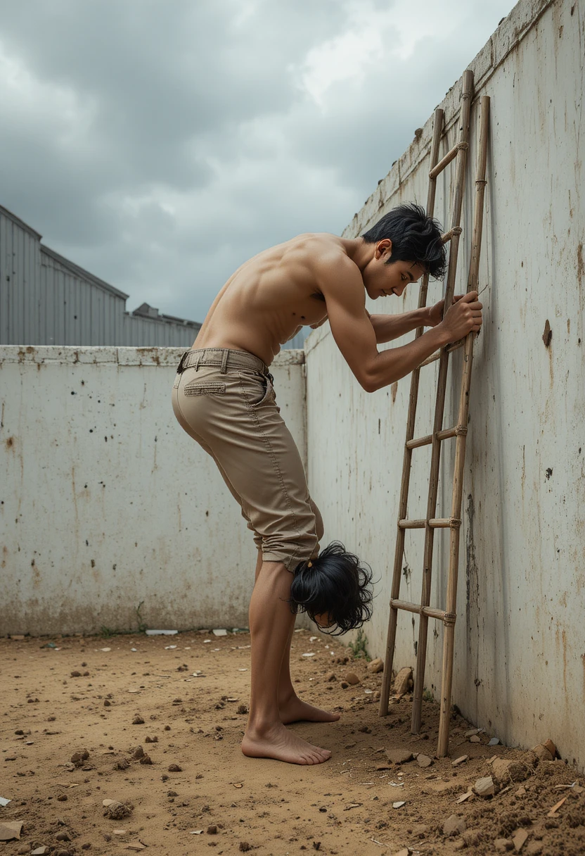 Young man training upside down on bamboo ladder outdoors