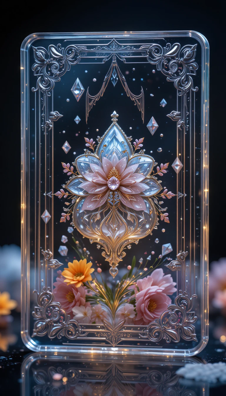 Karo-Dame als Glaskarte mit Blumensymbol auf dunklem Hintergrund