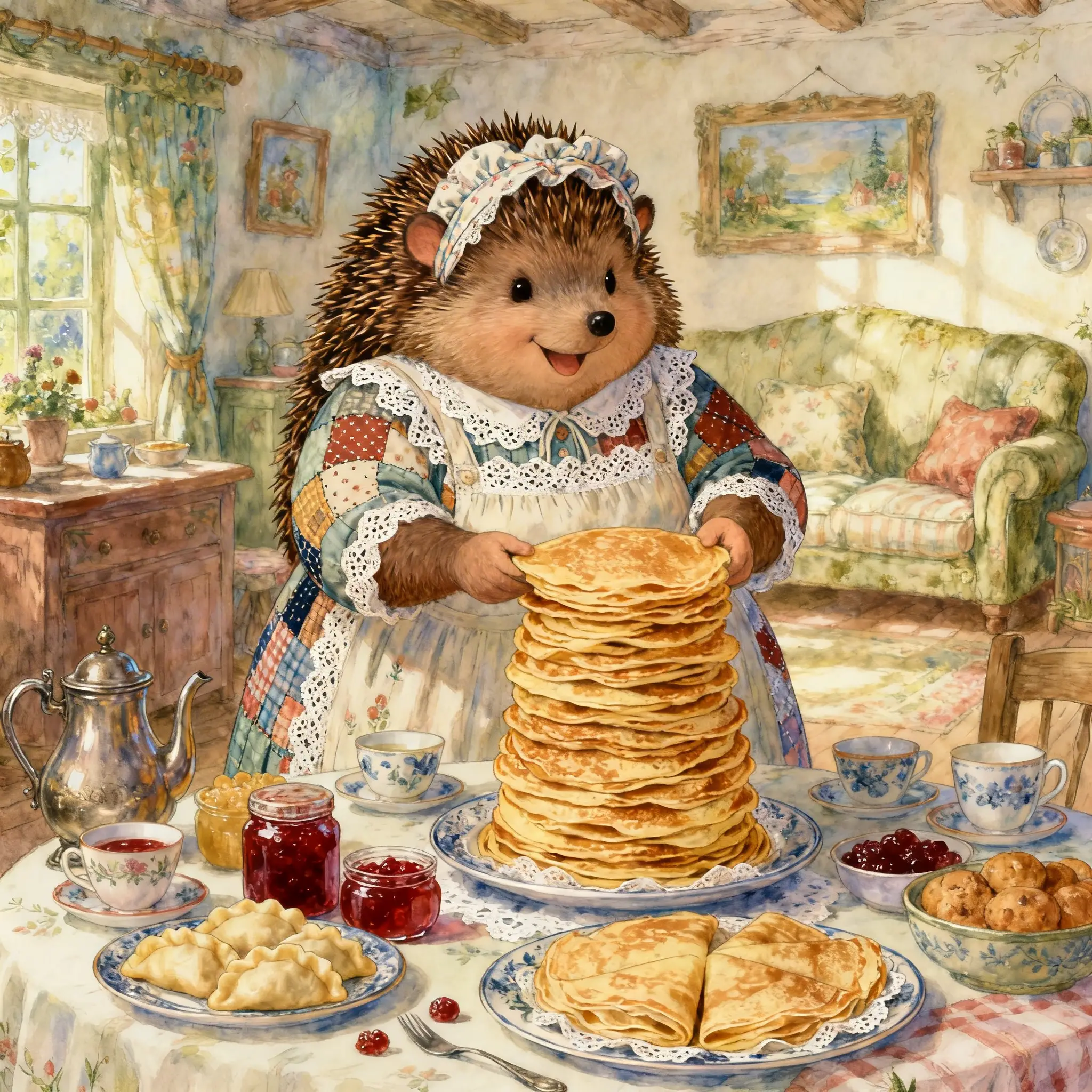 Cozy Storybook Hedgehog Serving Crepes In Sunny Living Room