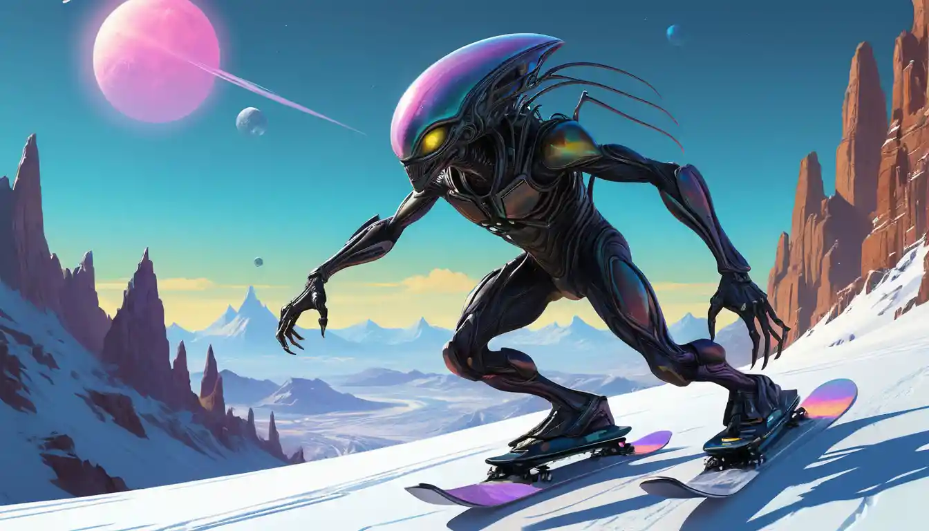 Alien snowboarder racing down a crystalline snow mountain