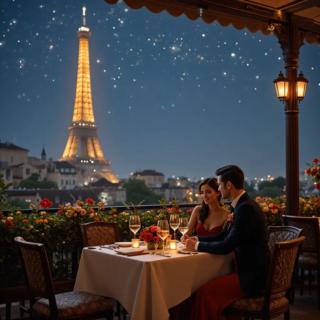 Coppia romantica a cena su una terrazza con vista sulla Torre Eiffel