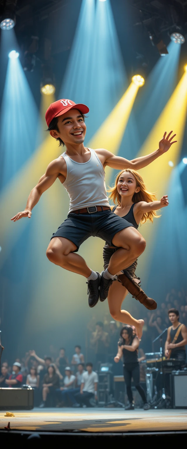 Two athletes jumping high on a spotlighted stage
