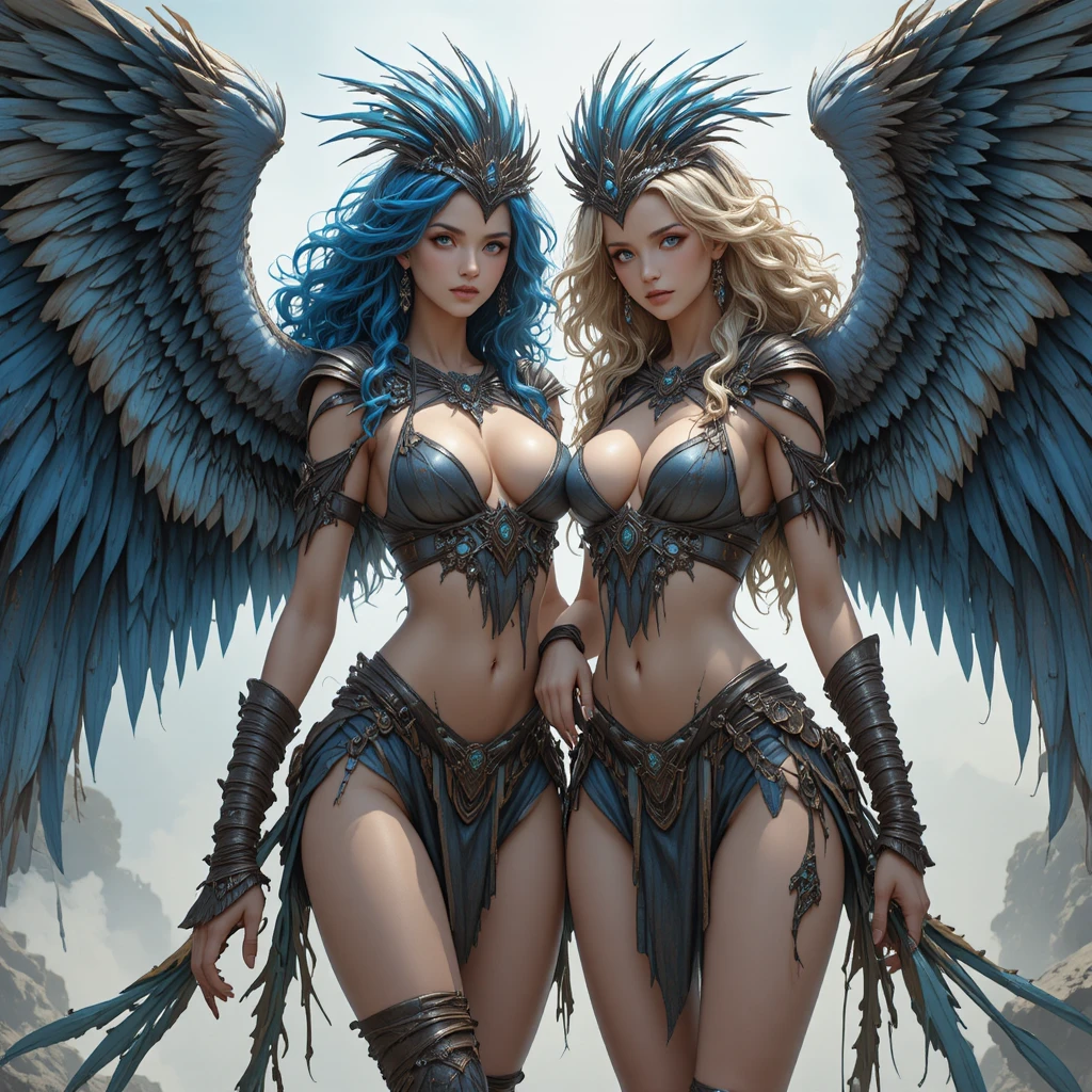Two powerful anime harpy women with wide blue wings