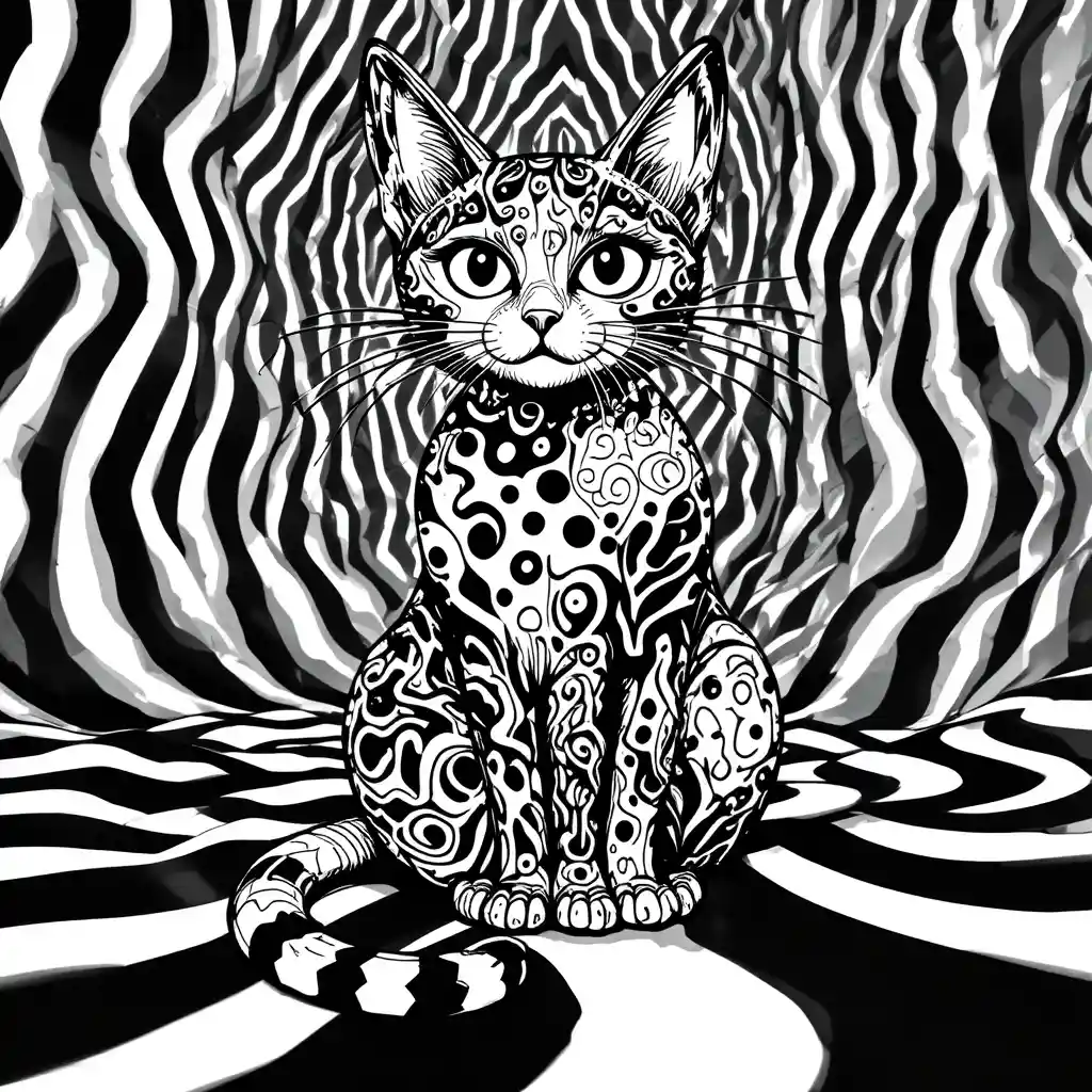 Trippy black and white doodle cat with abstract patterns
