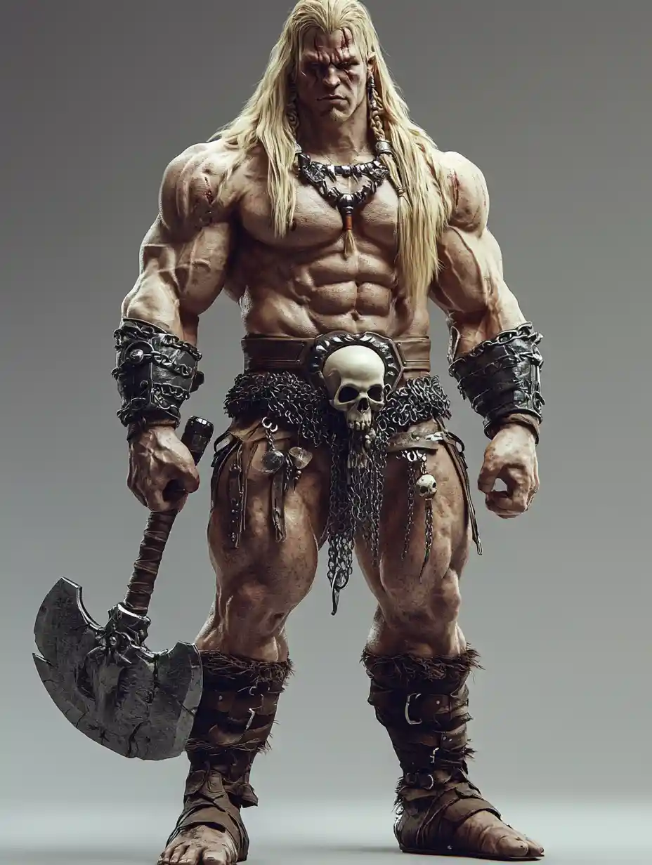 Guerreiro bárbaro loiro e musculoso com machado em render 3D