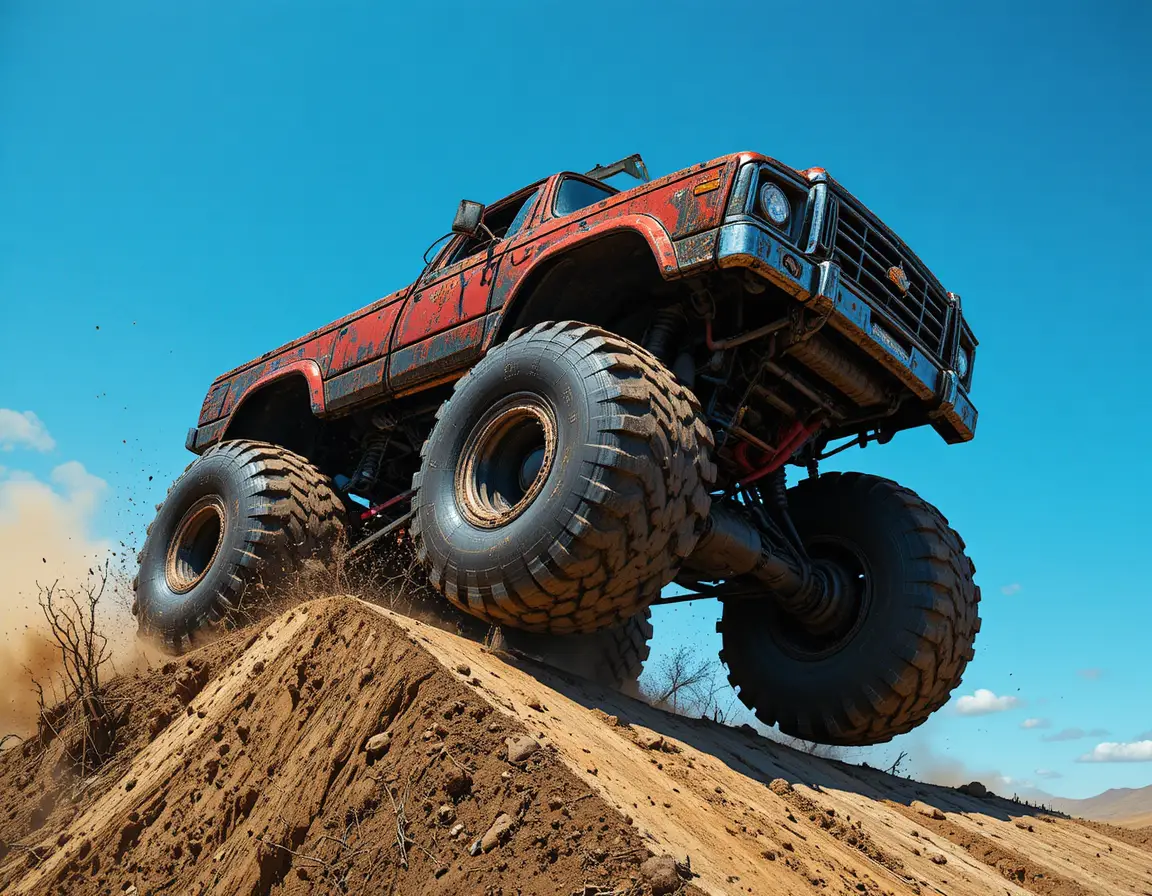 Brown monster truck balancing on ramp under clear sky