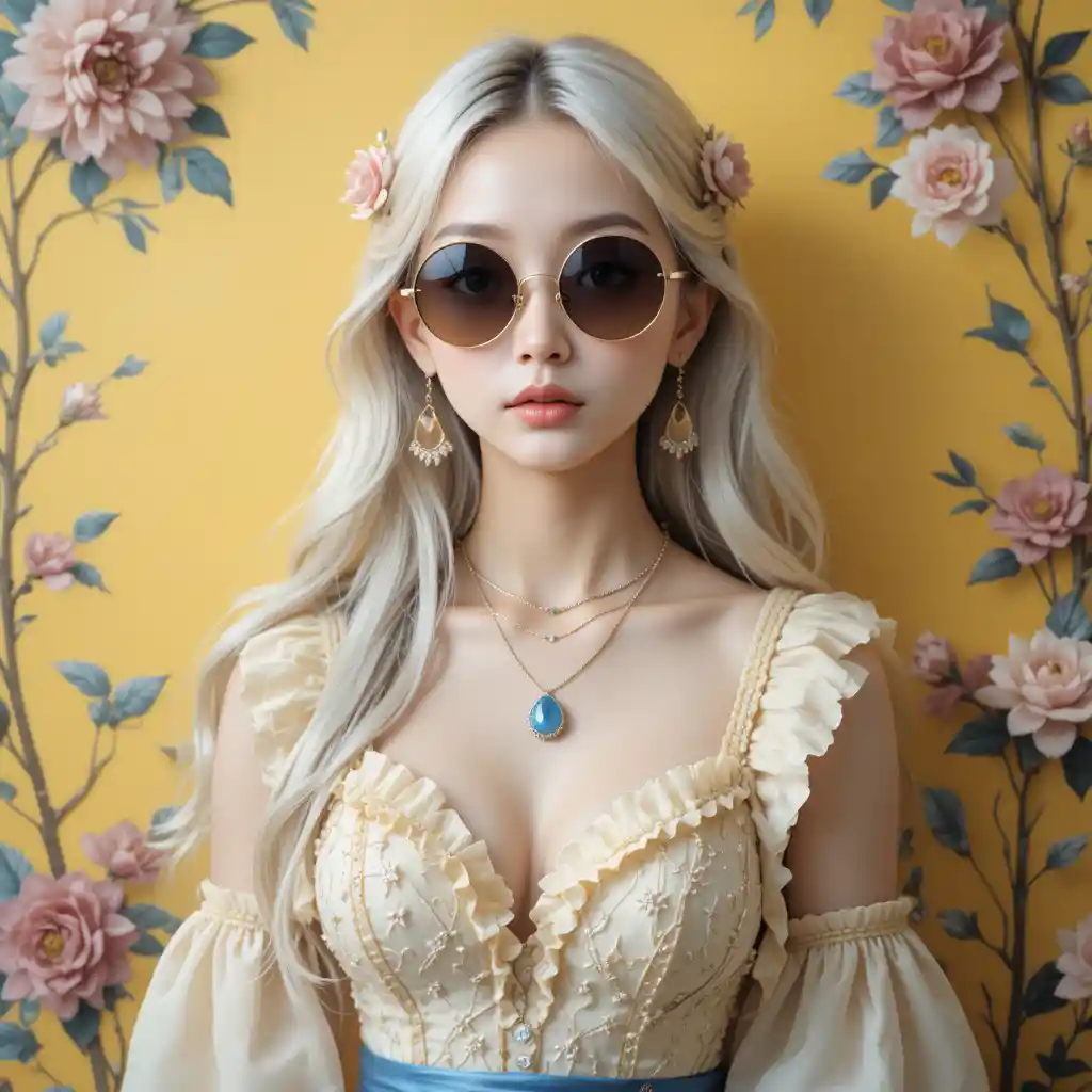 꽃무늬 노란 벽 앞에 선 선글라스를 쓴 젊은 아시아 소녀