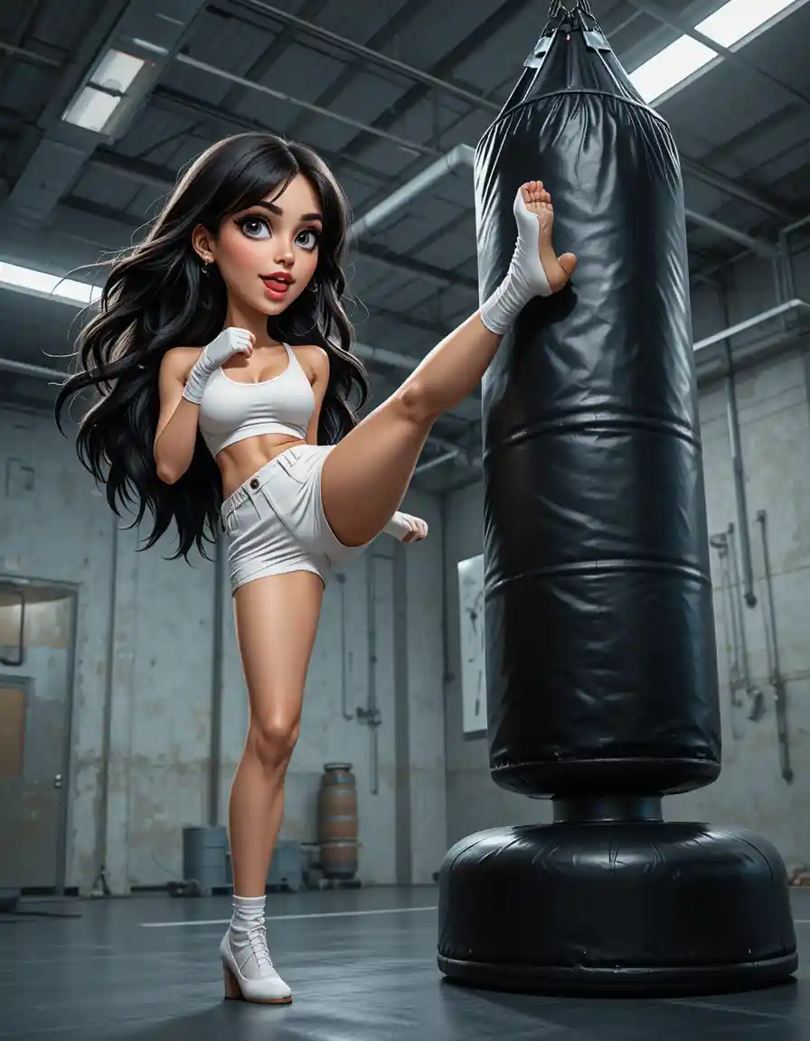 Mujer en forma dando una patada alta a un saco de boxeo con tacones blancos
