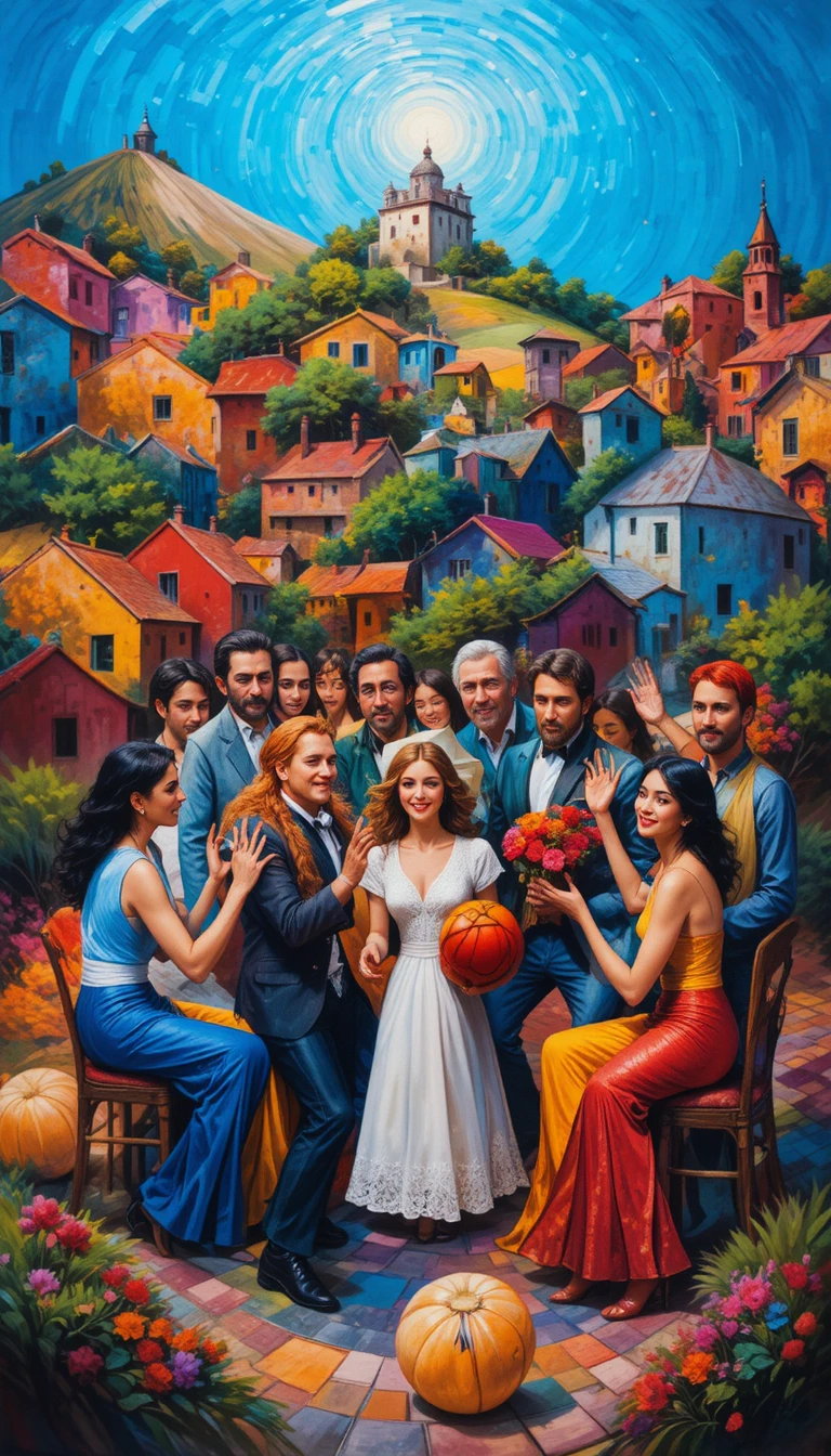 Joyful circle of musicians in colorful hillside village