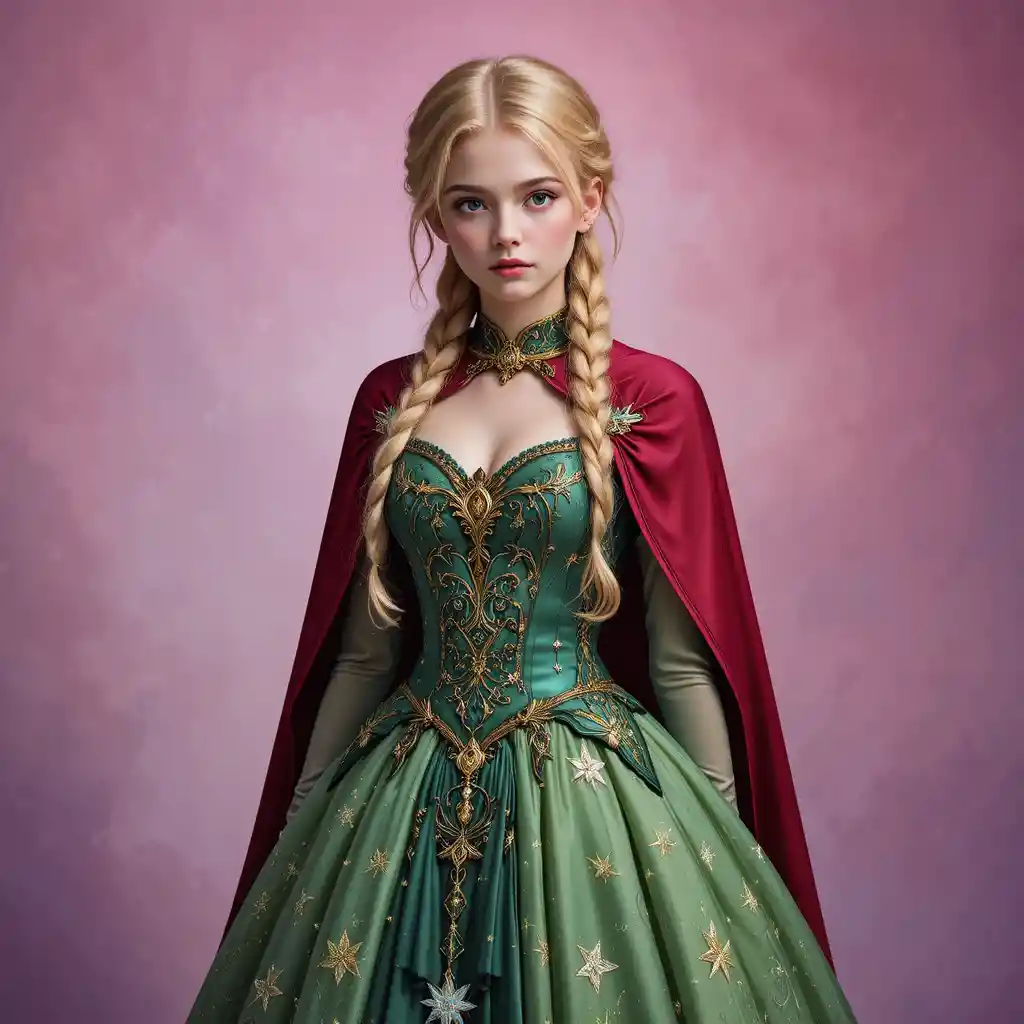 Blonde teen girl in green gown with red cape
