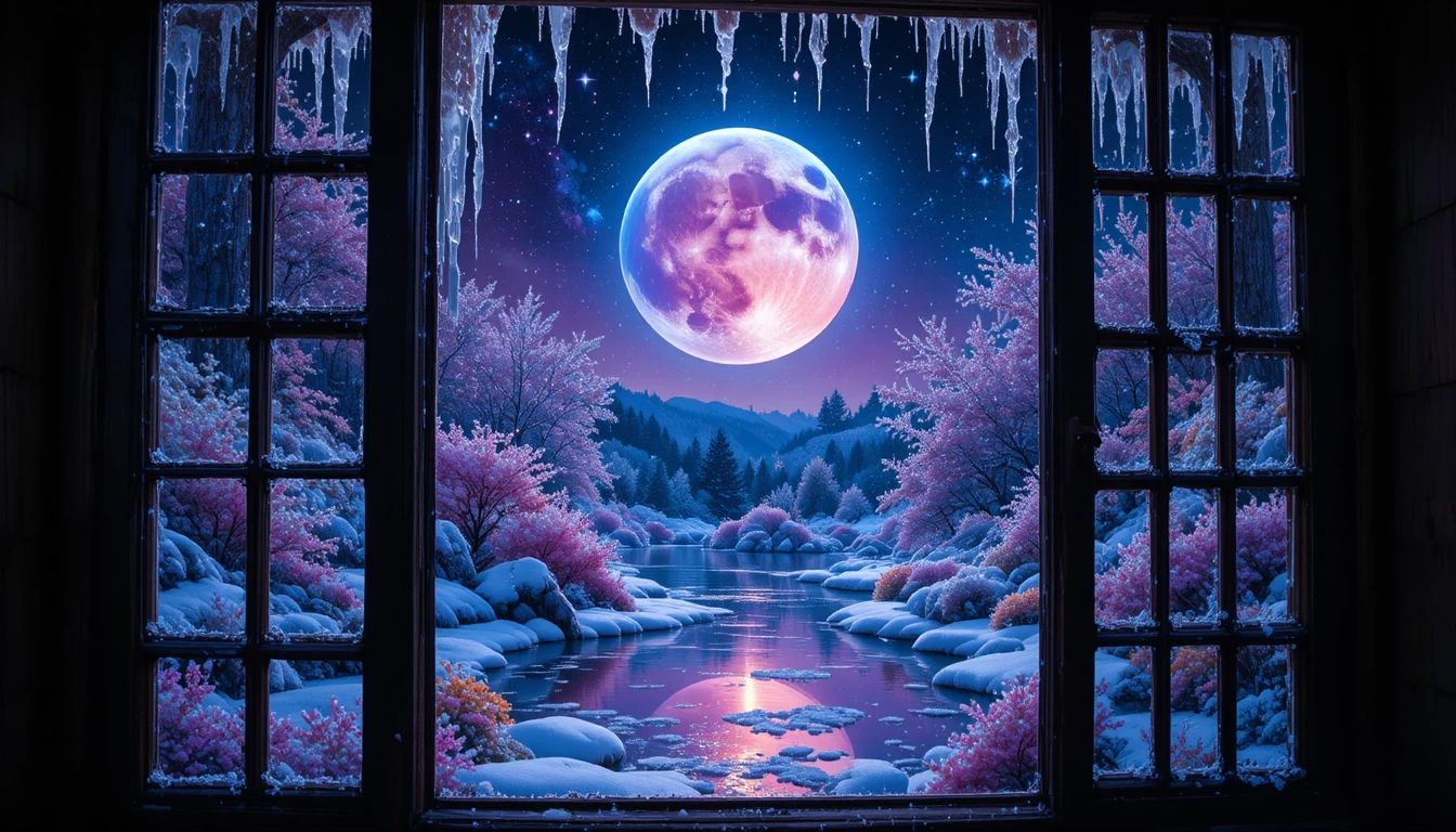 Mondbeschienener Wintergarten durch ein vereistes Fenster