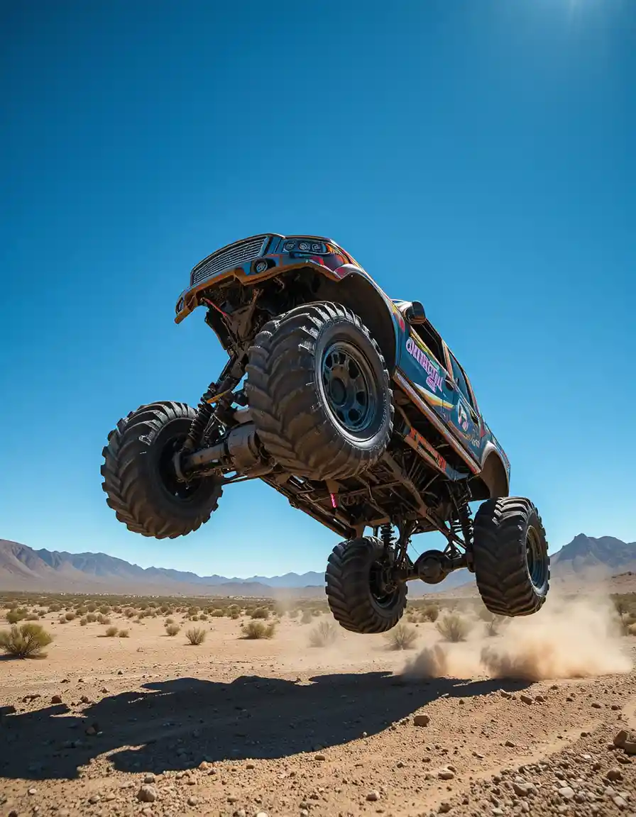 Off road monster truck jumping high above desert sands