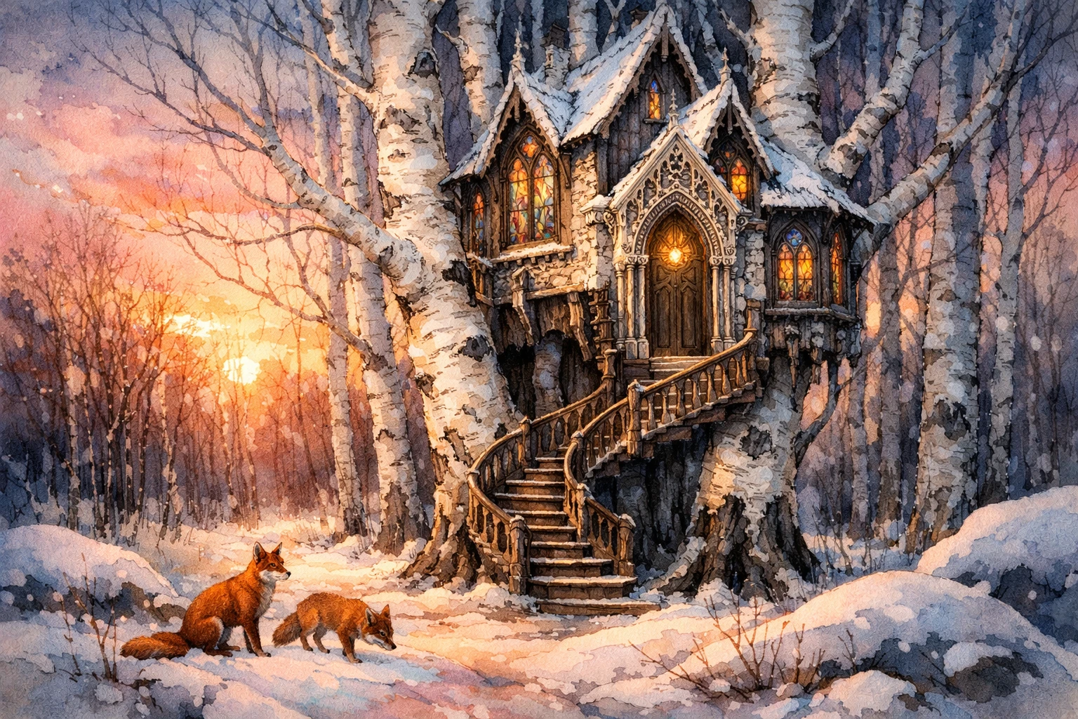 Gotisches Birken-Baumhaus, das über einem verschneiten Wald im Morgengrauen leuchtet