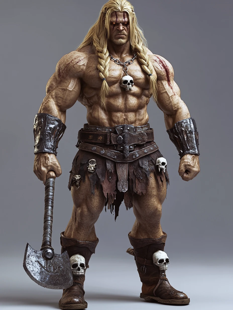 Guerreiro bárbaro musculoso segurando um machado em render 3D