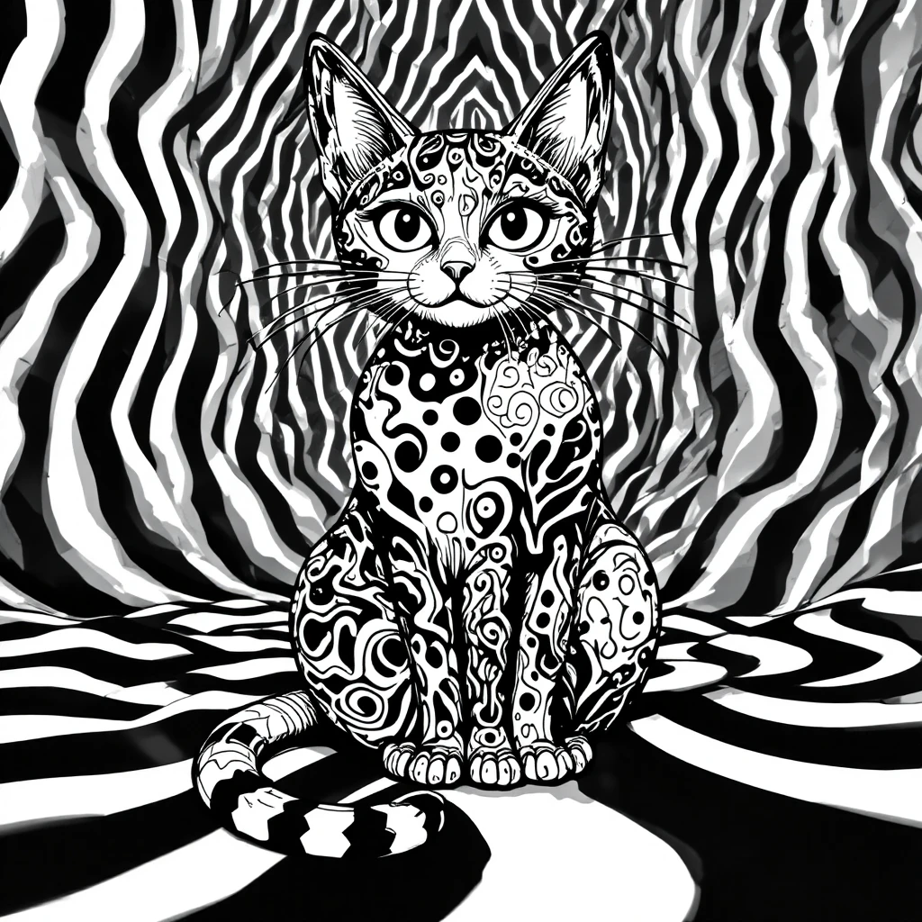 Gatto doodle psichedelico in bianco e nero con motivi astratti