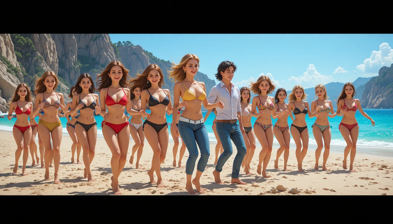 Young friends dancing together on a sunny beach