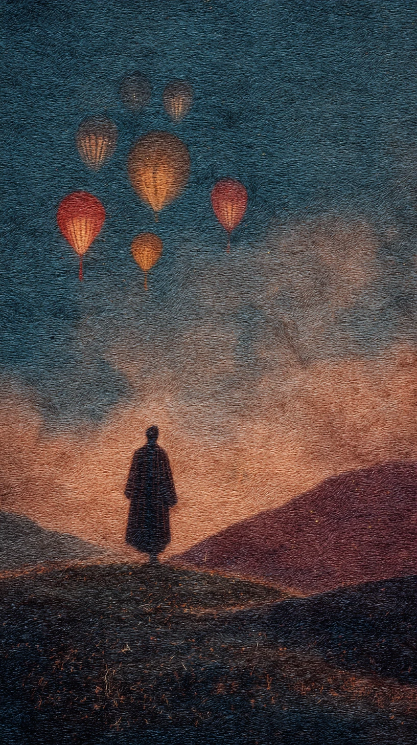 Lonely wanderer crossing a surreal wool felt desert