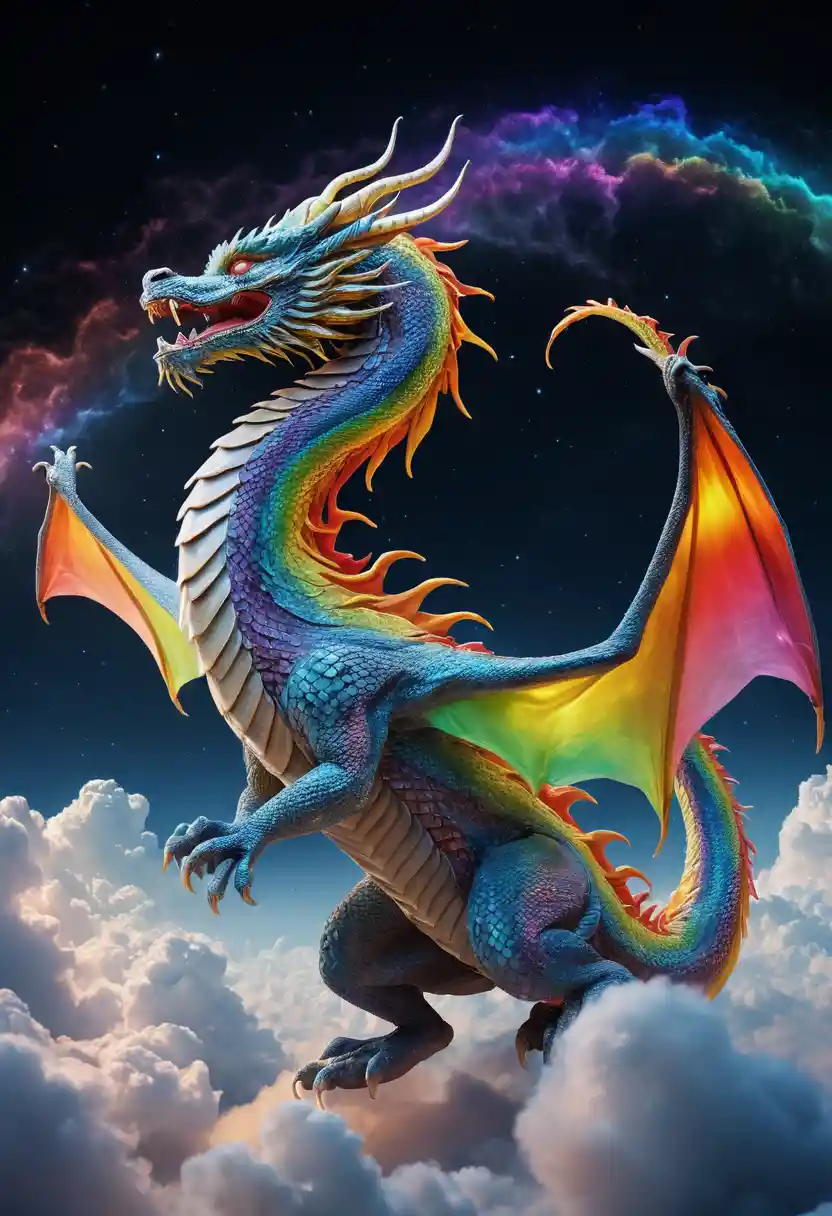Majestic Chinese dragon flying across a surreal starry sky