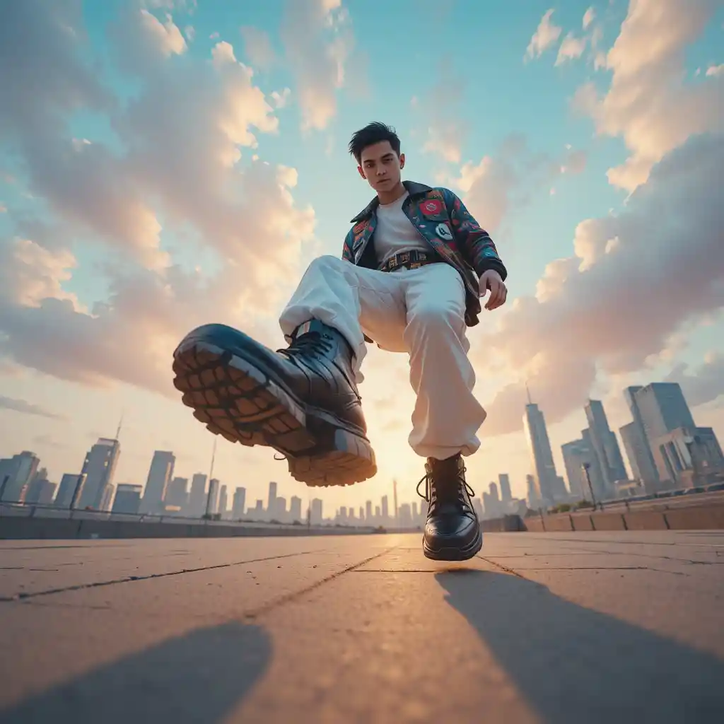 Dynamic worm eye view of man in futuristic sneakers