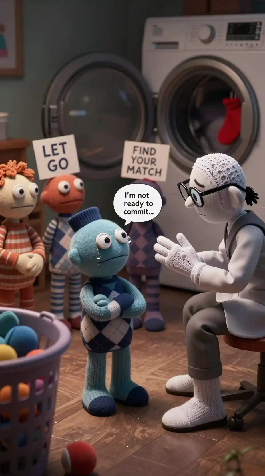 Sock puppet intervention in a dim laundry basket circle