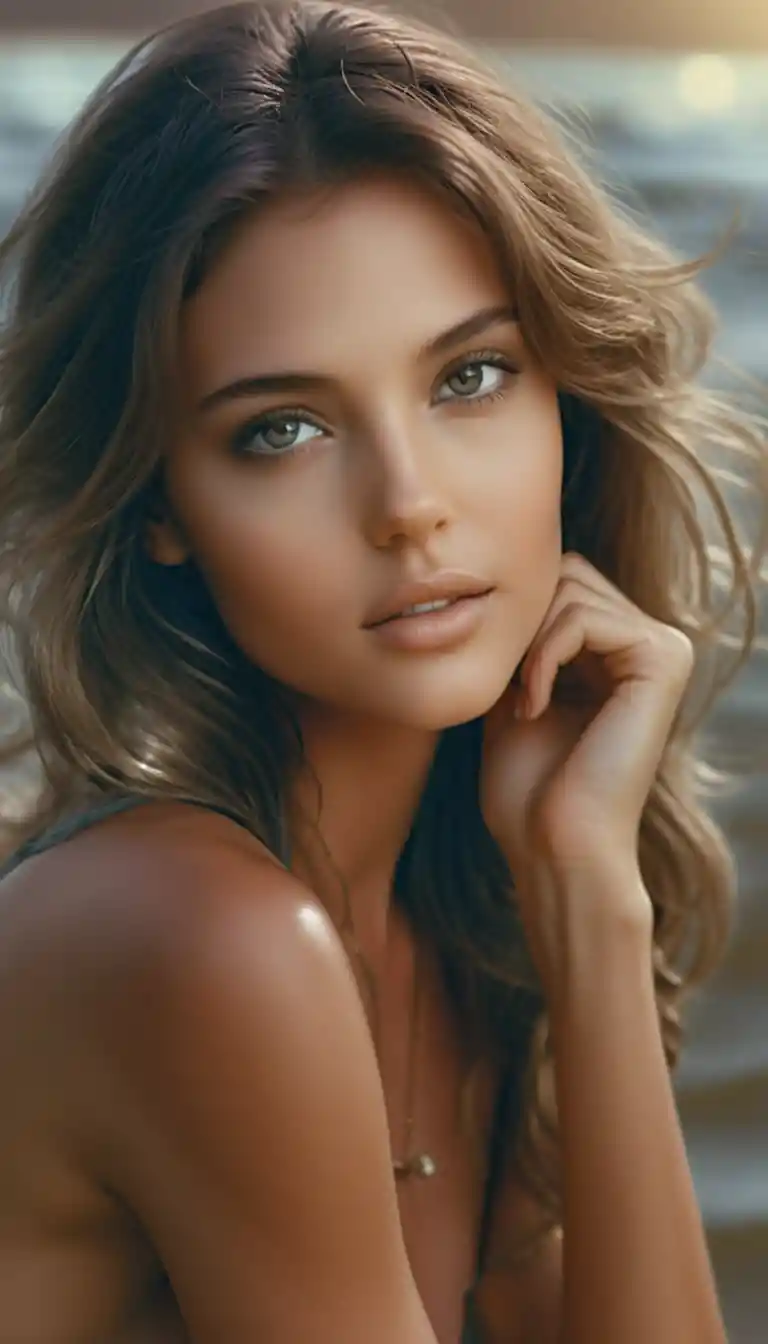 Femme européenne glamour posant devant un paysage marin serein