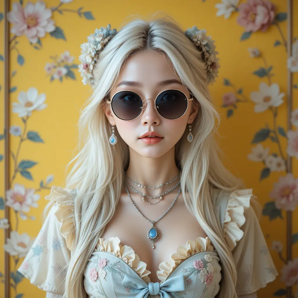 노란 벽 앞 꽃무늬 원피스를 입은 몽환적인 젊은 여성