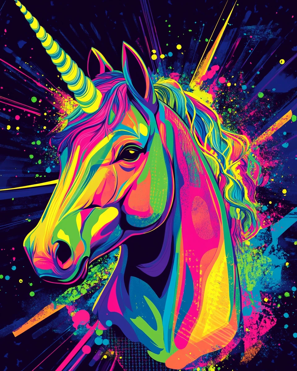 Lebendiges Pop-Art-Einhornporträt im Neon-Grafikstil