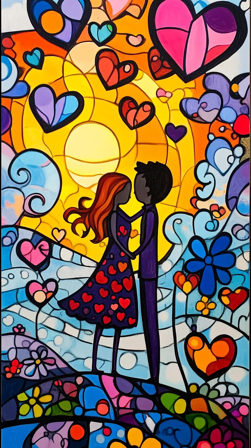 Naive graffiti love story at the seaside sunset collage